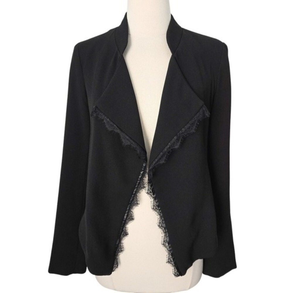 Anthropologie Elevenses Black Lace Trim High-Low Open-Front Cropped Jacket- M